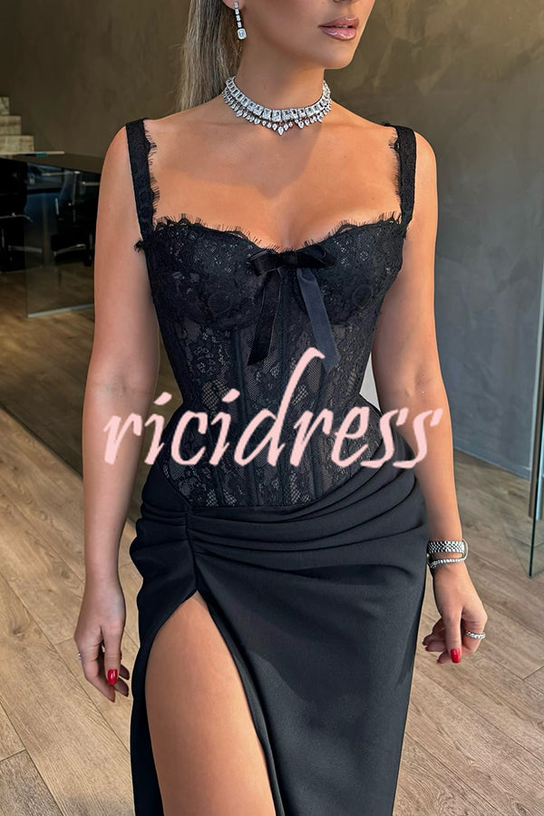 Sexy Grace Magic Lace Corset Bow Design Ruched Hip Slit Maxi Dress