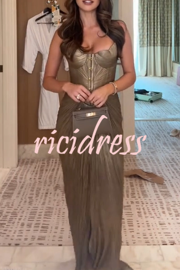 Vegas Queen Metallic Pleated Sculpted Bodice Back Lace-up Drape Maxi Dress