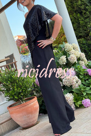 Party Favors Sequin One Shoulder Ruffle Detail Wide Leg Evening Jumpsuit