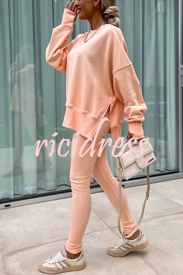 Solid Color Loose Long Sleeve SlitSweatshirt and Elastic Waist Tight Pants Set