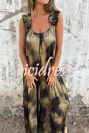 Fashionable Gold-stamped Suspenders Loose Pocket Wide-leg Jumpsuit