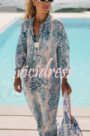 Quiet Sea Unique Print Pleated Neck Long Sleeve Slit Kaftan Maxi Dress