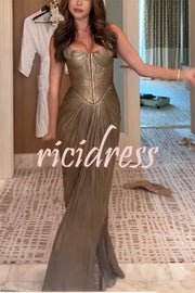 Vegas Queen Metallic Pleated Sculpted Bodice Back Lace-up Drape Maxi Dress