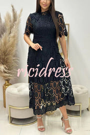 Elegant Crocheted Cutout Lace Short-sleeved Stand-collar Midi Dress