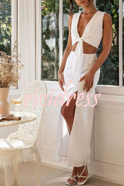 Solid Color Hollow Embroidery V-neck Lace-up Top and Slit Maxi Skirt Set