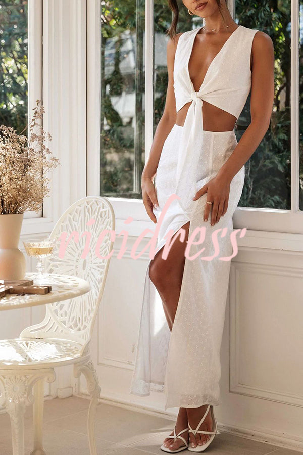 Solid Color Hollow Embroidery V-neck Lace-up Top and Slit Maxi Skirt Set