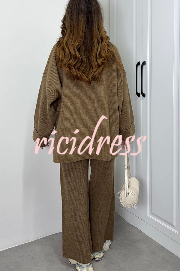 Solid Color Loose Long-sleeved Knit Top and Elastic Waist Casual Straight Leg Pants Set