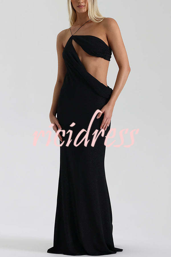 Elissa Glitter Fabric One Shoulder Asymmetrical Cutout Stretch Maxi Dress