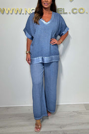 Fashionable V-neck Short-sleeved Loose Top and Elastic Waist Casual Wide-leg Pants Set