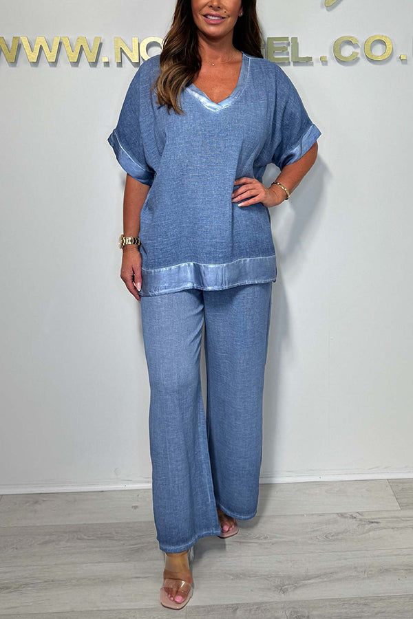 Fashionable V-neck Short-sleeved Loose Top and Elastic Waist Casual Wide-leg Pants Set