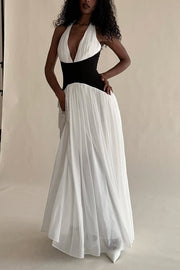 Fashionable Color Matching Sexy Halter Neck Waist Maxi Dress