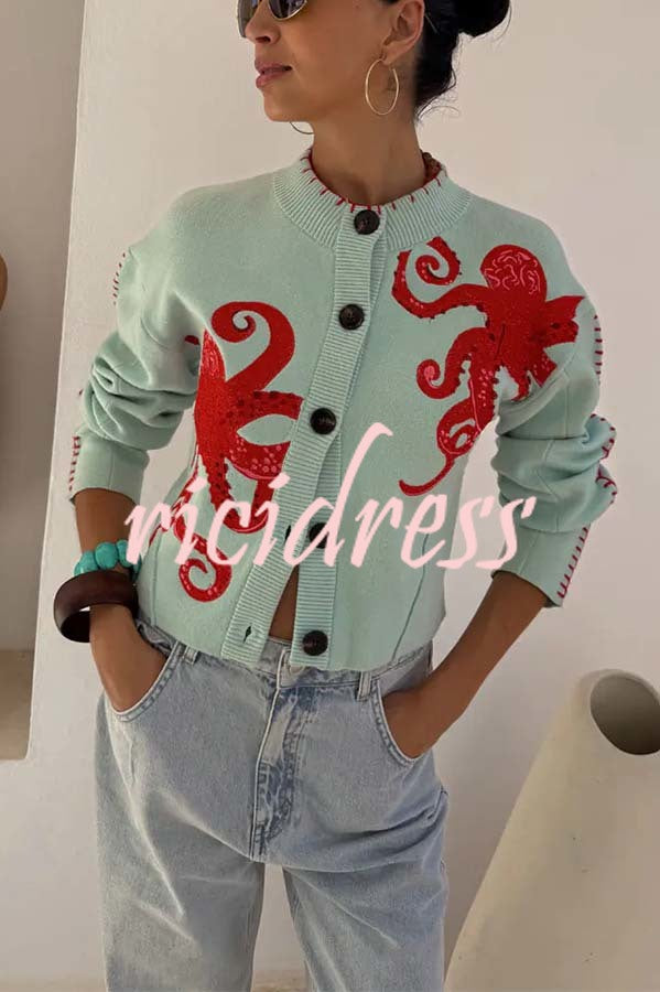 Coastal Fashion Knit Octopus Graphic Contrast Piping Button Up Loose Cardigan