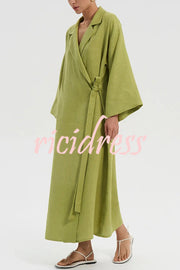 Linen Blend Solid Color Casual Lapel Tie Loose Maxi Dress