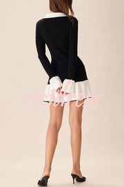 Stylish Color-blocked Long-sleeved Button-decorated Knitted Mini Dress