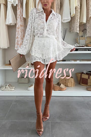 Nicola Lace Long Balloon Sleeve Blouse and Elastic Waist Layered Skort Set
