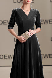 Solid Color Velvet V-neck Fitted Waist Short Sleeve Elegant Maxi Dress