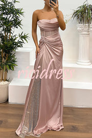 Essie Satin Rhinestone Patchwork Twist Waist Strapless Slit Maxi Dress