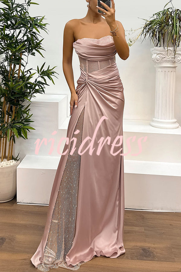 Essie Satin Rhinestone Patchwork Twist Waist Strapless Slit Maxi Dress