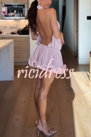 Ballerina Chic High Cowl Neck Pleated Wavy Ruffles Hem Backless Mini Dress