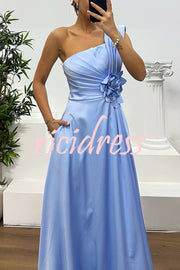 Nasha Satin Pleated One Shoulder Petal Gemstone Detail Pocket Slit Maxi Dress