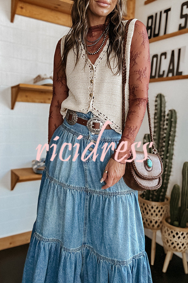 Bohemian High Rise Button Up Loose Denim Pocket Maxi Skirt