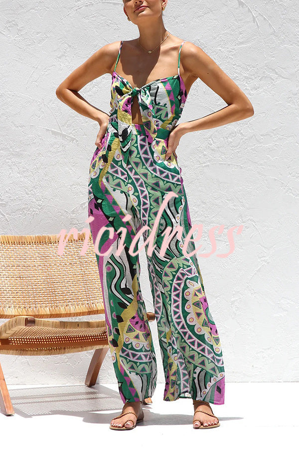 Unique Printed Suspender Back Pleated Pocket Wide-leg Jumpsuit