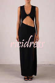 Beautiful Figure Shiny Knit Fabric Cutout Side Slit Stretch Vacation Maxi Dress
