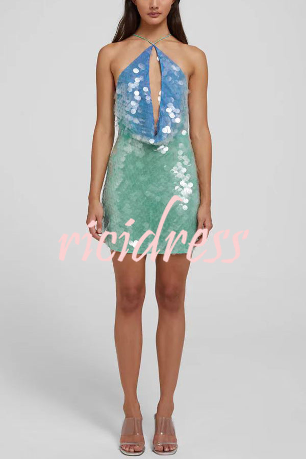 Fashion Sexy Sequined Backless Halter Neck Slim Fit Mini Dress