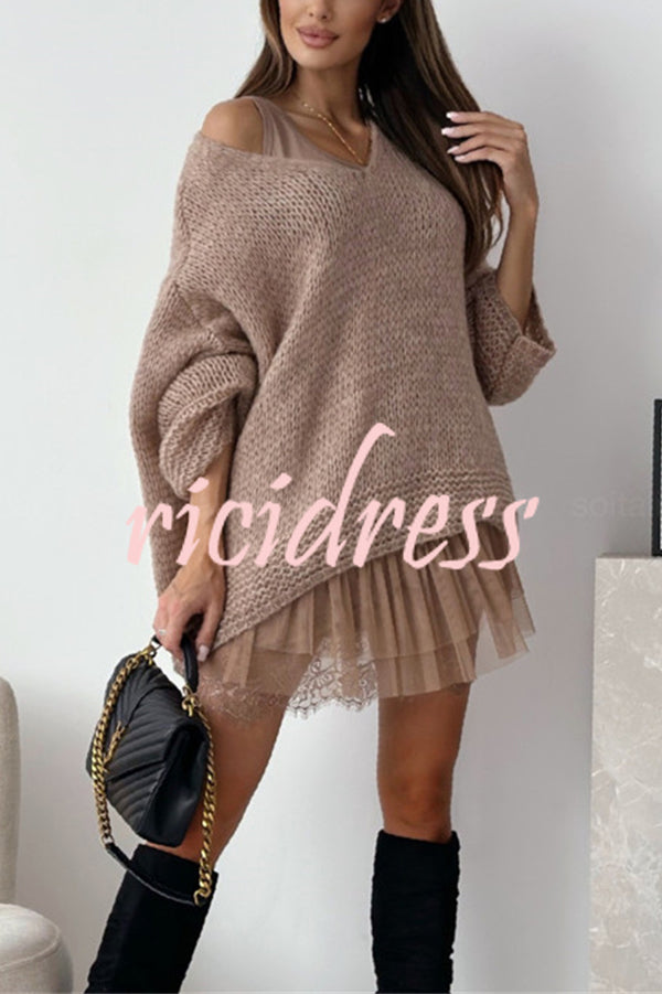 Solid Color Loose V-neck Casual Knitted Sweater