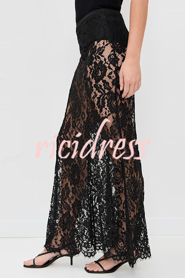 Make An Entrance Floral Stretch Lace Mid Rise Flare Maxi Skirt