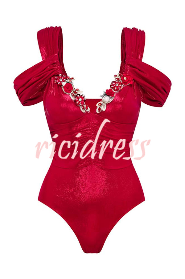 Solid Color Shiny Fabric Deep V Metal Embellished Stretch One-piece Swimsuit