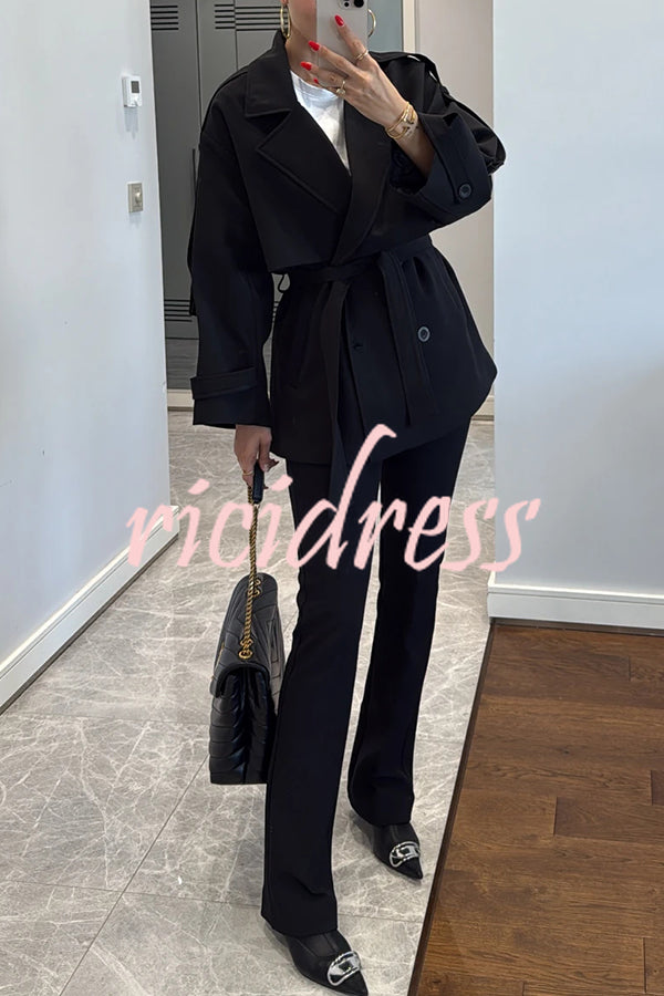 Modern Urban Dropped Shoulder Strap Button Detail Belted Lapel Loose Trench Coat