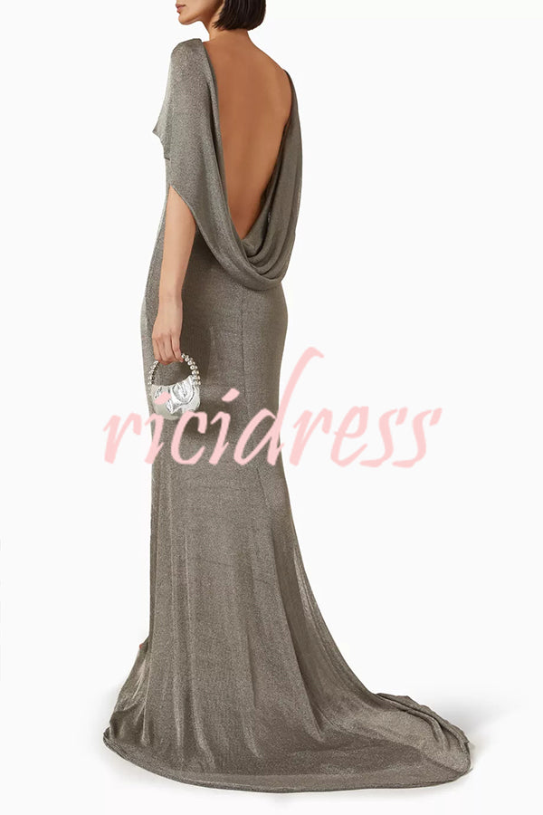 Fit and Elegance Fine Shimmering Fabric Open Cowl Back Draped Neckline Maxi Dress