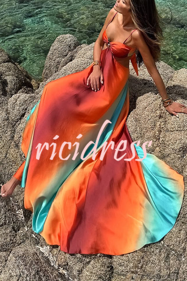 Neon Sunset Printed Metal Decoration Cutout Back Tie-up Vacation Maxi Dress