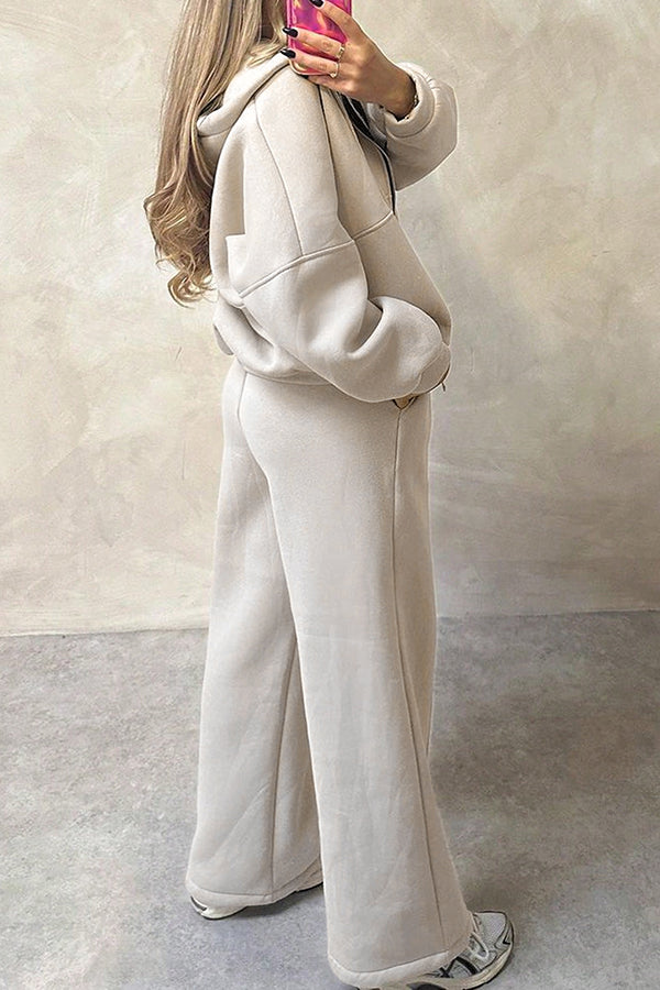Solid Color Long-sleeved Zip-up Sports Jacket and Casual Elastic Waist Pocket Pants Set