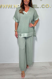 Fashionable V-neck Short-sleeved Loose Top and Elastic Waist Casual Wide-leg Pants Set