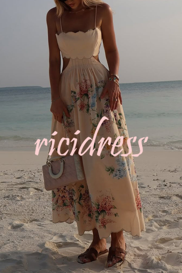 Cabo Sunsets Floral Print Petal Trim Back Lace-up Midi Dress