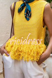 Solid Color Round Neck Sleeveless Hollow Tassel Loose Vest