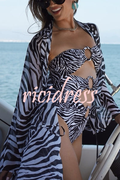 Marsie Zebra-print Ring Cutout Details Off Shoulder Stretch One-Piece Swimsuit