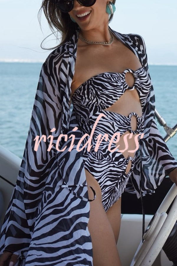 Marsie Zebra-print Ring Cutout Details Off Shoulder Stretch One-Piece Swimsuit