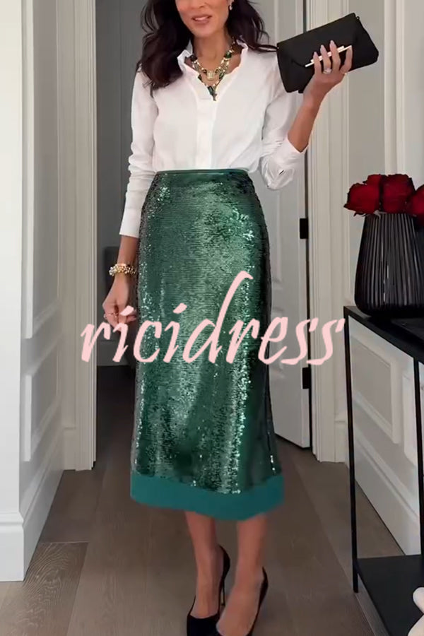 Shimmer Scene Sequin Patchwork Hem High Rise Slit Pencil Midi Skirt
