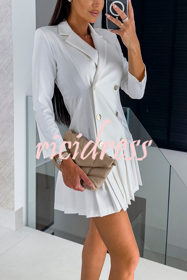 Kayleen Metal Button Down Solid Color Long Sleeve Pleated Blazer Mini Dress