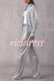 Fashion Sequined Loose Long-sleeved Shirt and Casual Elastic Waist Wide-leg Pants Set