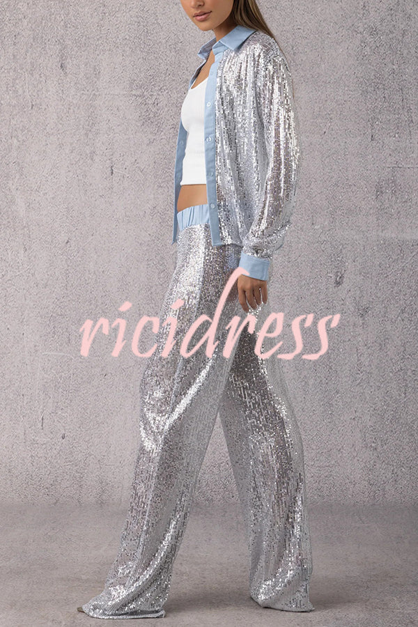 Fashion Sequined Loose Long-sleeved Shirt and Casual Elastic Waist Wide-leg Pants Set