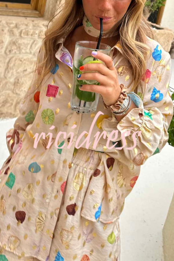Fashionable Gold Stamping Unique Printing Lapel Long Sleeve Shirt and Elastic Waist Casual Pocket Shorts Set