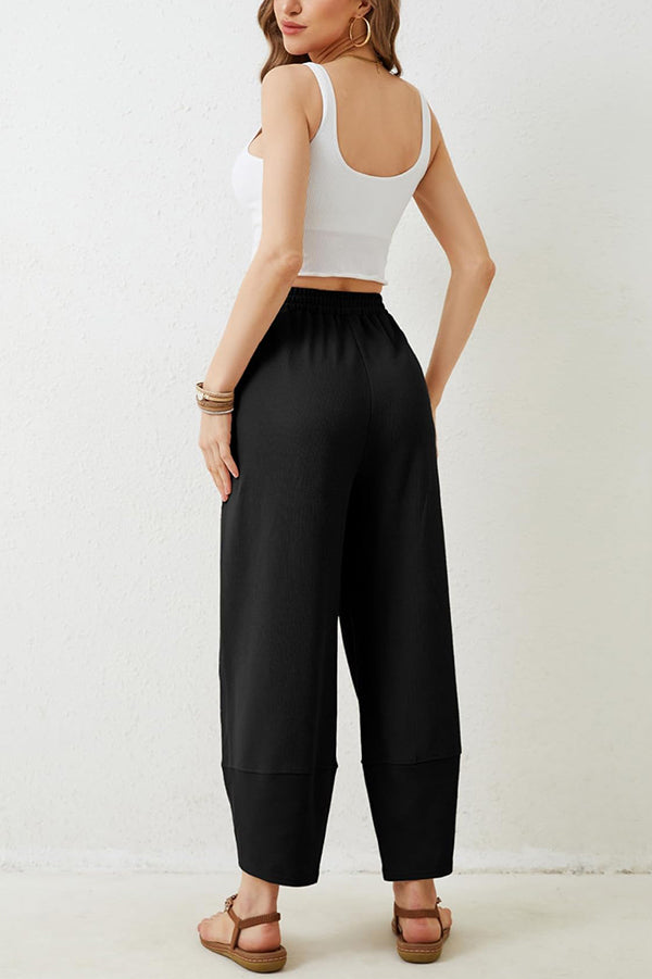 Solid Color Casual Elastic Waistband Wide-leg Pants