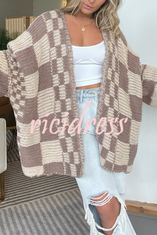 Casual Plaid Mid-length Loose Knitted Outerwear