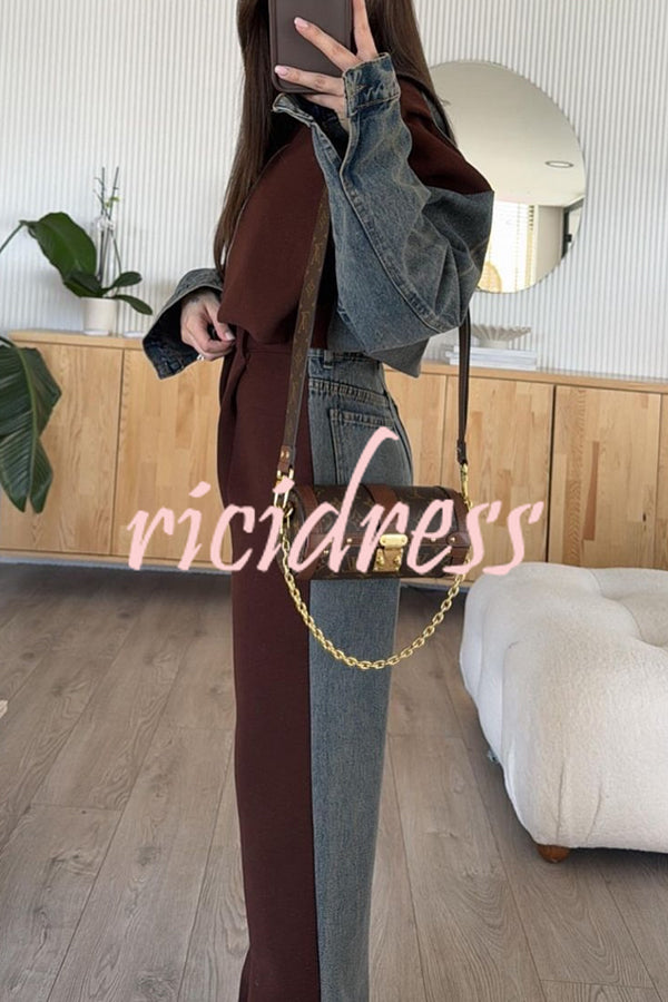 Sports Fashion Denim Patchwork Sweatshirt Fabric Zipper Long Sleeve Loose Jacket