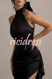 Maureen Satin High Neck Ruched Ruffle Slit Draped Maxi Dress
