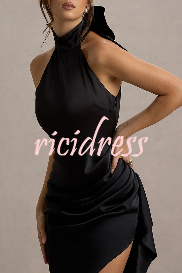 Maureen Satin High Neck Ruched Ruffle Slit Draped Maxi Dress